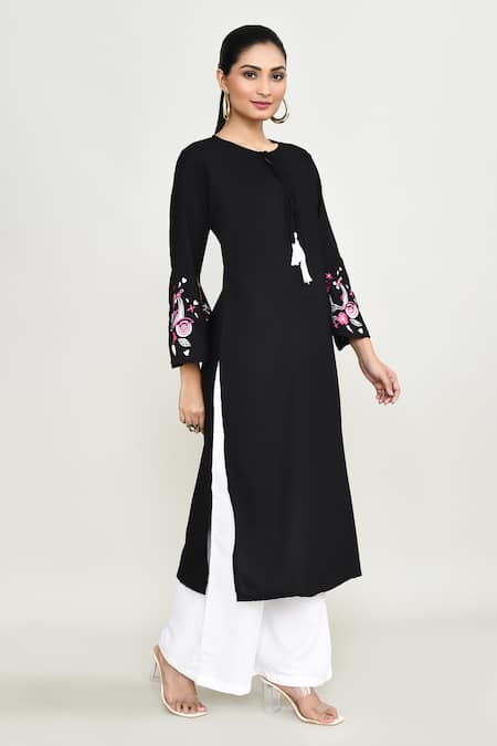 Buy_Abbaran_Black Rayon Embroidery Round Neck Long Tunic 