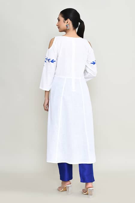 Abbaran White Embroidered Cold Shoulder Kurta 