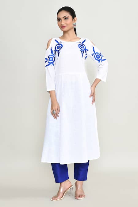 Buy_Abbaran_White Rayon Embroidery Round Neck Cold Shoulder Kurta _Online_at_Aza_Fashions