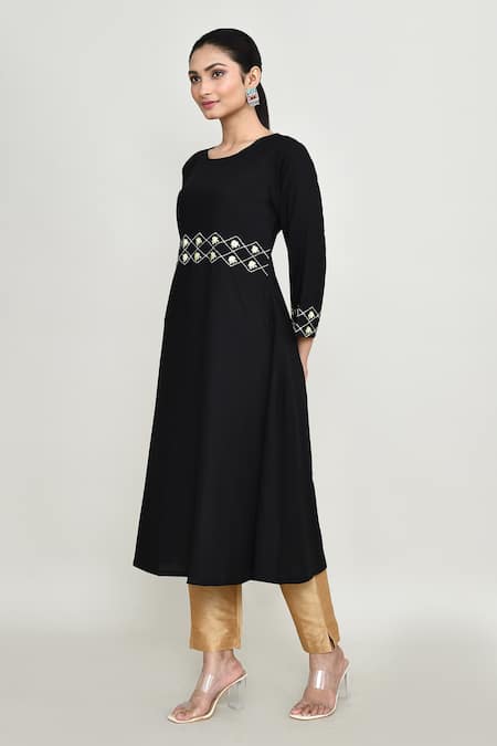 Shop_Abbaran_Black Rayon Embroidery Round Neck Long Tunic _Online_at_Aza_Fashions