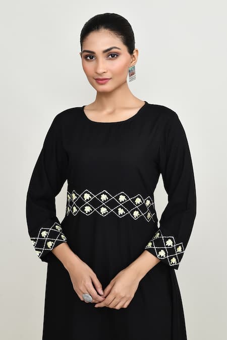 Abbaran_Black Rayon Embroidery Round Neck Long Tunic _at_Aza_Fashions