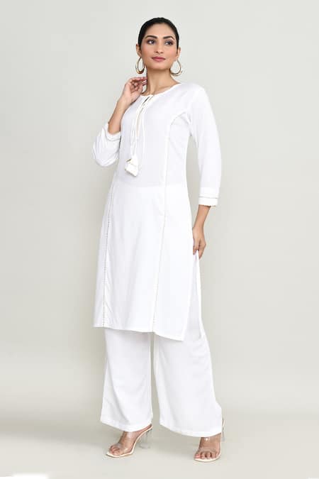 Abbaran_White Rayon Embroidery Round Neck Tunic _at_Aza_Fashions
