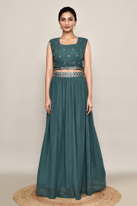 Abbaran_Teal Georgette Sequins, Embroidery Square Neck Green Lehenga Set _Online_at_Aza_Fashions