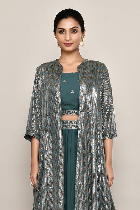 Shop_Abbaran_Teal Georgette Sequins, Embroidery Square Neck Green Lehenga Set _Online_at_Aza_Fashions