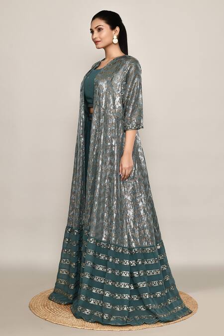 Abbaran_Teal Georgette Sequins, Embroidery Square Neck Green Lehenga Set _at_Aza_Fashions