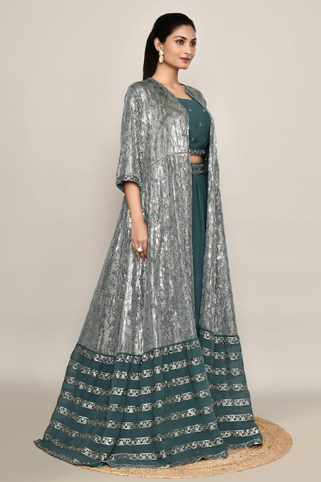 Shop_Abbaran_Teal Georgette Sequins, Embroidery Square Neck Green Lehenga Set 