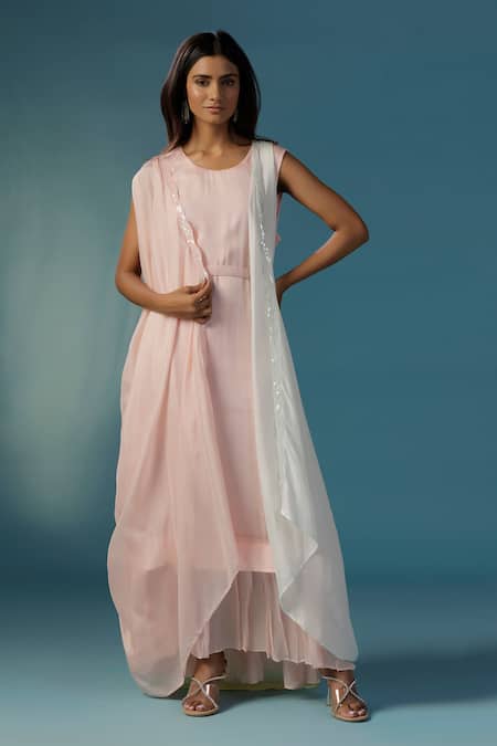 Two Sisters By Gyans Pink Crepe Round Neck Jacket And Kurta Set 