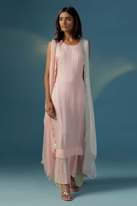 Buy Two Sisters By Gyans Pink Crepe Round Neck Jacket And Kurta Set Buy_Two Sisters By Gyans_Pink Crepe Round Neck Jacket And Kurta Set