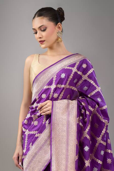 Mint N Oranges_Purple Brocade, Silk Embroidery Banarasi Saree With Blouse_Online_at_Aza_Fashions