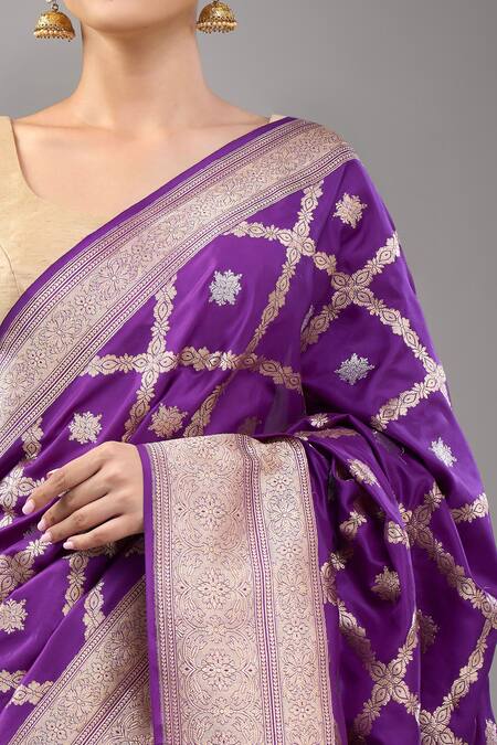 Buy_Mint N Oranges_Purple Brocade, Silk Embroidery Banarasi Saree With Blouse_Online_at_Aza_Fashions