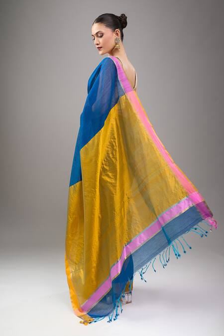 Shop Mint N Oranges Blue Chanderi Handwoven Saree Set at Aza Fashions Shop_Mint N Oranges_Blue Chanderi Handwoven Saree Set_at_Aza_Fashions