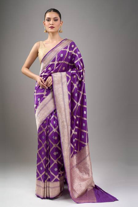 Shop_Mint N Oranges_Purple Brocade, Silk Embroidery Banarasi Saree With Blouse_Online_at_Aza_Fashions