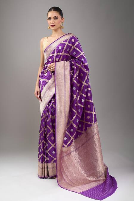 Buy_Mint N Oranges_Purple Brocade, Silk Embroidery Banarasi Saree With Blouse