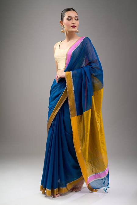 Mint N Oranges Blue Chanderi Handwoven Saree Set Online at Aza Fashions Mint N Oranges_Blue Chanderi Handwoven Saree Set_Online_at_Aza_Fashions