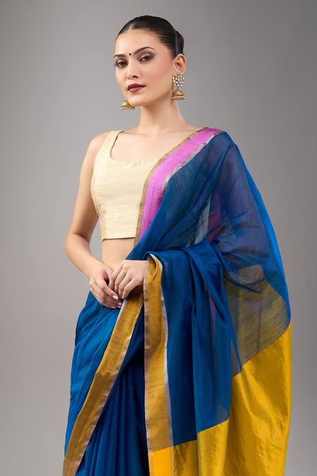 Mint N Oranges Blue Chanderi Handwoven Saree Set at Aza Fashions Mint N Oranges_Blue Chanderi Handwoven Saree Set_at_Aza_Fashions