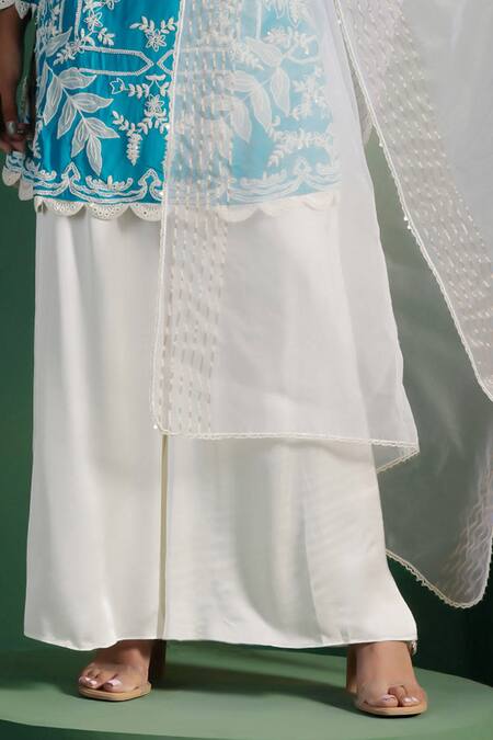 Two Sisters By Gyans_Blue Silk, Satin, Organza Embroidery Split V-neck Kurta Set _at_Aza_Fashions