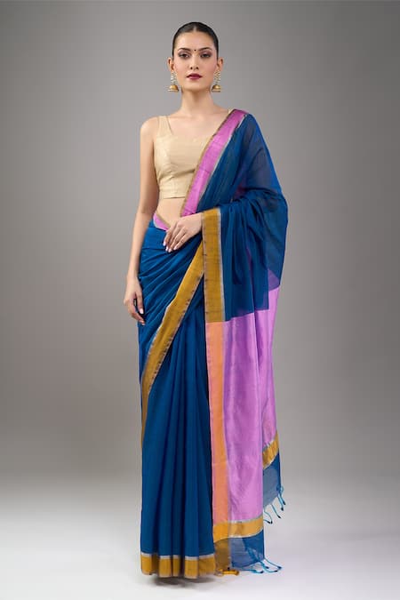 Mint N Oranges Blue Chanderi Zari Handwoven Saree Set 