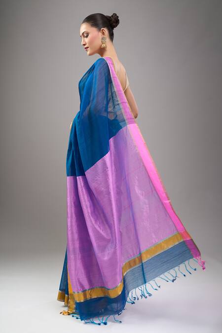 Shop Mint N Oranges Blue Chanderi Zari Handwoven Saree Set at Aza Fashions Shop_Mint N Oranges_Blue Chanderi Zari Handwoven Saree Set_at_Aza_Fashions