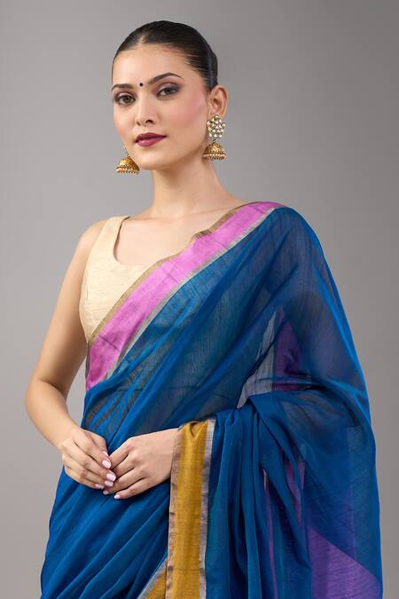 Mint N Oranges Blue Chanderi Zari Handwoven Saree Set at Aza Fashions Mint N Oranges_Blue Chanderi Zari Handwoven Saree Set_at_Aza_Fashions