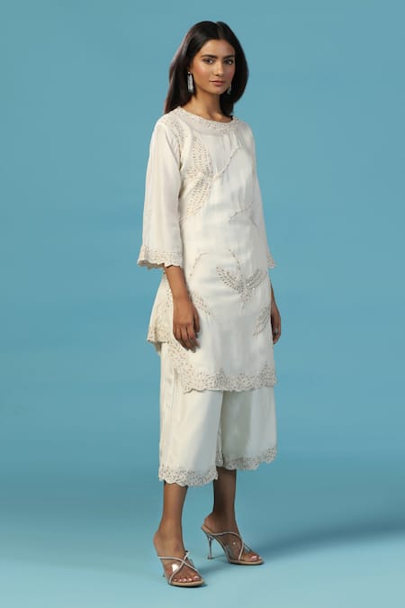 Shop_Two Sisters By Gyans_Ivory Chanderi Cotton Sequins Round Neck Kurta Pant Set 