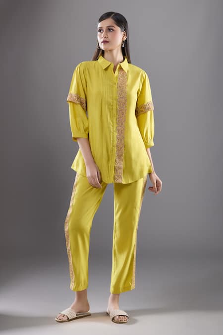 Samyukta Singhania Yellow Viscose Lace Collared Rose Embroidered Shirt And Pant Set 