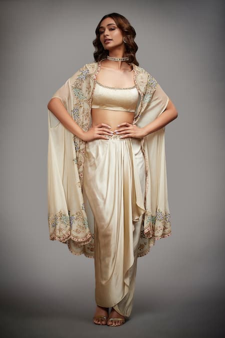 Buy_RI.Ritu Kumar_White Cape Silk Lining, Dhoti And Crop Top Viscose U Neck & Skirt Set 