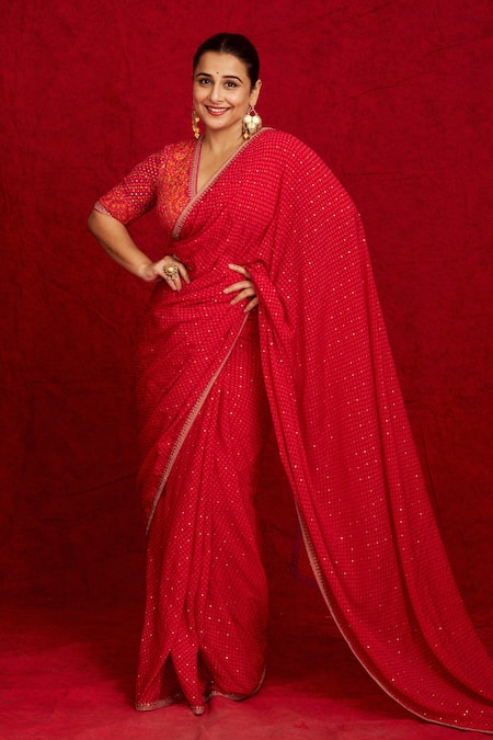RI.Ritu Kumar Pink 100% Silk Geometric, Sequin V Neck Prina Saree With Blouse 