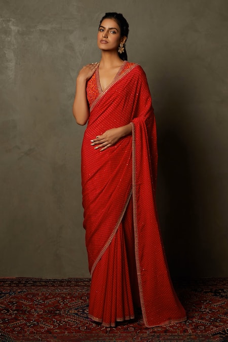 Buy_RI.Ritu Kumar_Pink 100% Silk Geometric, Sequin V Neck Prina Saree With Blouse 