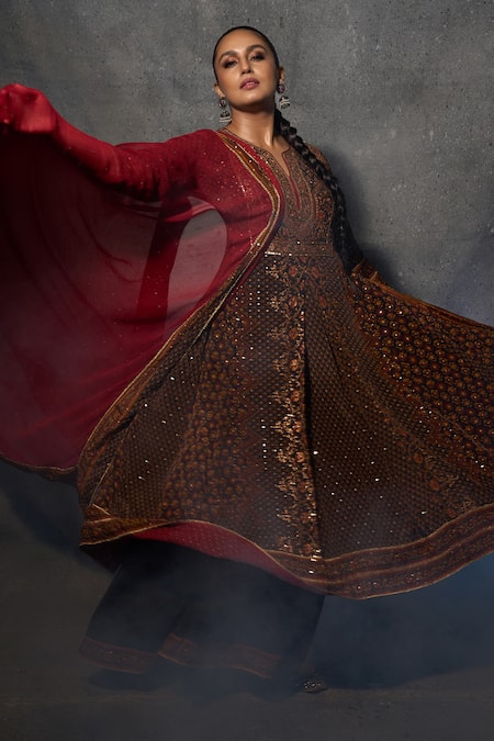 RI.Ritu Kumar Black Anarkali Rayon Crepe, Dupatta Viscose Chinon, Palazzo Embroidered Set 