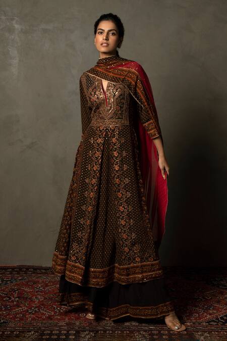 RI.Ritu Kumar_Black Anarkali Rayon Crepe, Dupatta Viscose Chinon, Palazzo Embroidered Set_at_Aza_Fashions