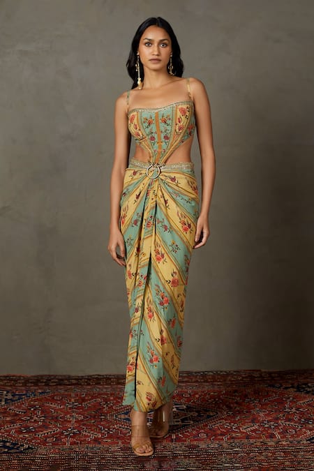 RI.Ritu Kumar_Green Silk, Viscose Embroidery Sweetheart Neck Dahlia Floral Print Cutout Dress _at_Aza_Fashions