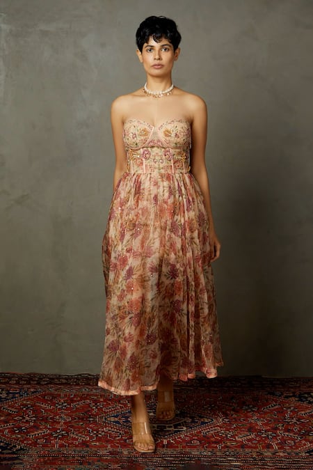 RI.Ritu Kumar_Pink Silk, Viscose Embroidery, Sequins Sweetheart Magnolia Flared Bandeau Dress _at_Aza_Fashions