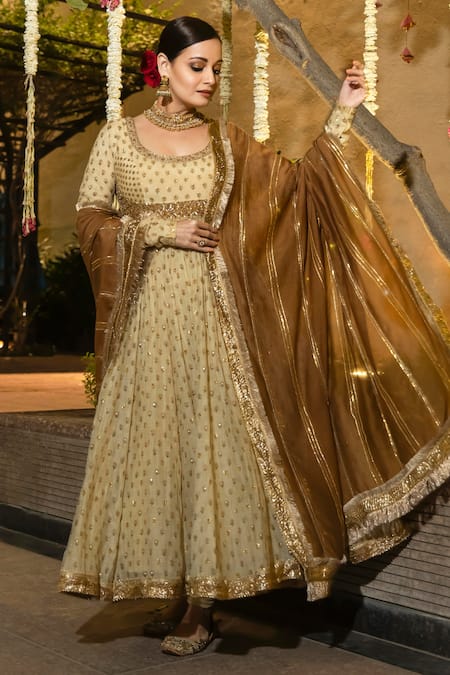 RI.Ritu Kumar Beige Cotton, Silk, Viscose Embroidery Round Neck Zardozi Anarkali Set 
