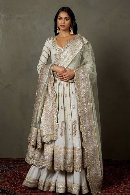 Buy RI.Ritu Kumar Off White Handloom Cotton, Muslin Embroidery, Dori Anarkali Gharara Set Buy_RI.Ritu Kumar_Off White Handloom Cotton, Muslin Embroidery, Dori Anarkali Gharara Set