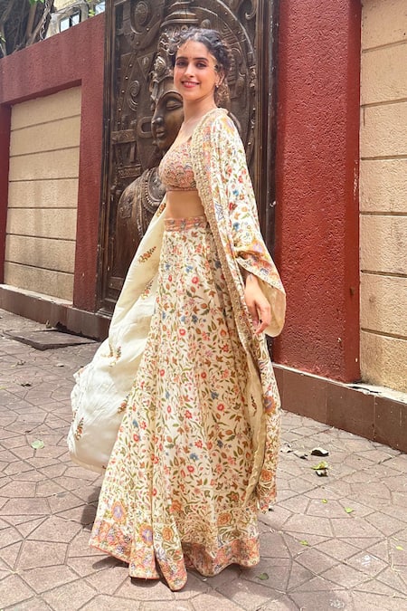 RI.Ritu Kumar Multi Color Silk, Viscose Embroidery, Pintado Flower Print Cape Palazzo Set 