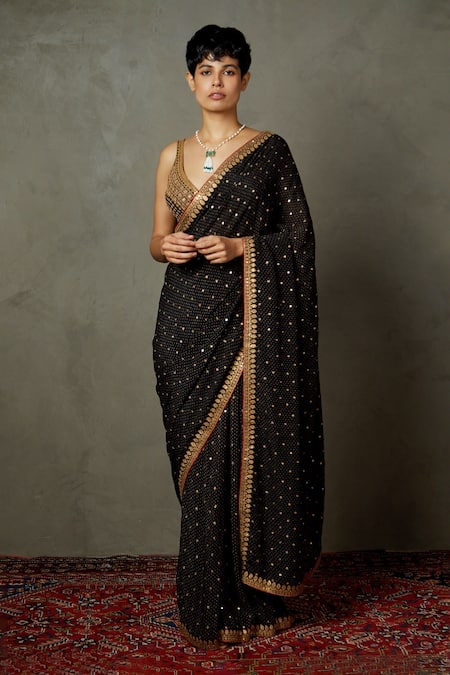 Buy RI.Ritu Kumar Black Silk, Viscose Embroidery Sweetheart Sohini Saree With Sleeveless Blouse Buy_RI.Ritu Kumar_Black Silk, Viscose Embroidery Sweetheart Sohini Saree With Sleeveless Blouse