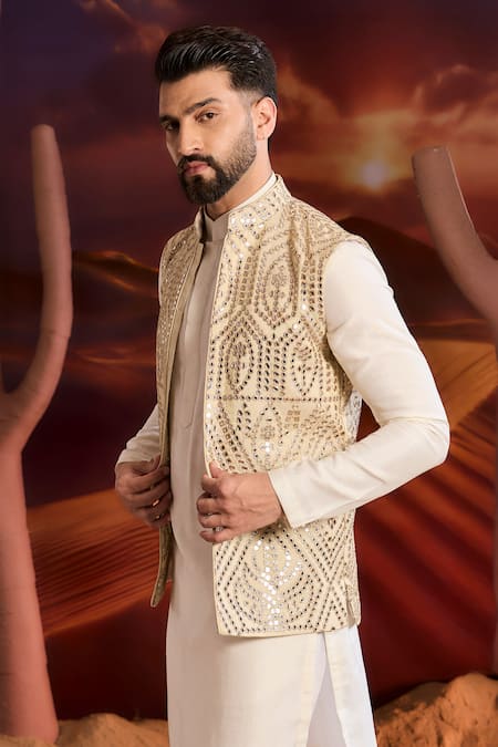 Kasbah_Gold Tissue Sequins, Embroidery Designer Nehru Jacket _Online_at_Aza_Fashions
