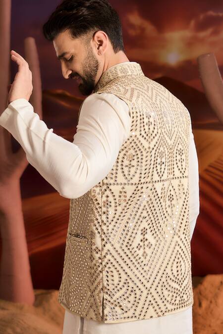 Buy_Kasbah_Gold Tissue Sequins, Embroidery Designer Nehru Jacket _Online_at_Aza_Fashions