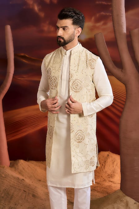 Kasbah Gold Tissue Embroidery Designer Floral Nehru Jacket 