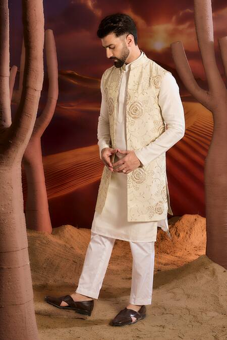 Buy_Kasbah_Gold Tissue Embroidery Designer Floral Nehru Jacket _Online_at_Aza_Fashions