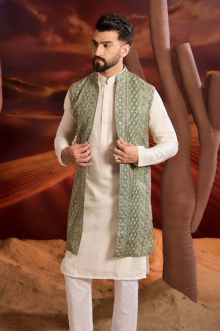 Kasbah Green Georgette Embroidery Designer Nehru Jacket 