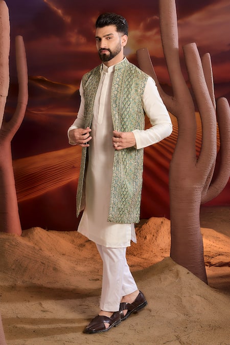 Kasbah_Green Georgette Embroidery Designer Nehru Jacket _Online_at_Aza_Fashions