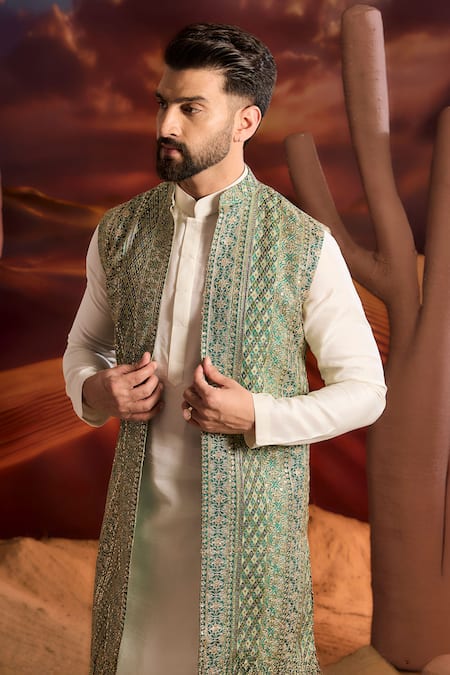 Buy_Kasbah_Green Georgette Embroidery Designer Nehru Jacket _Online_at_Aza_Fashions