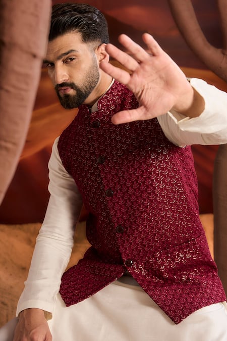 Kasbah_Maroon Silk Embroidery Designer Nehru Jacket _Online_at_Aza_Fashions