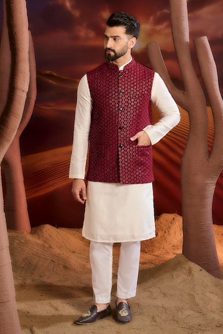 Kasbah Maroon Silk Embroidery Designer Nehru Jacket 