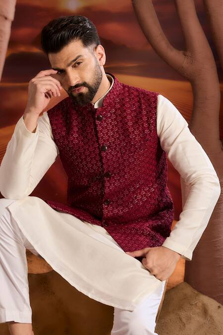 Buy_Kasbah_Maroon Silk Embroidery Designer Nehru Jacket _Online_at_Aza_Fashions