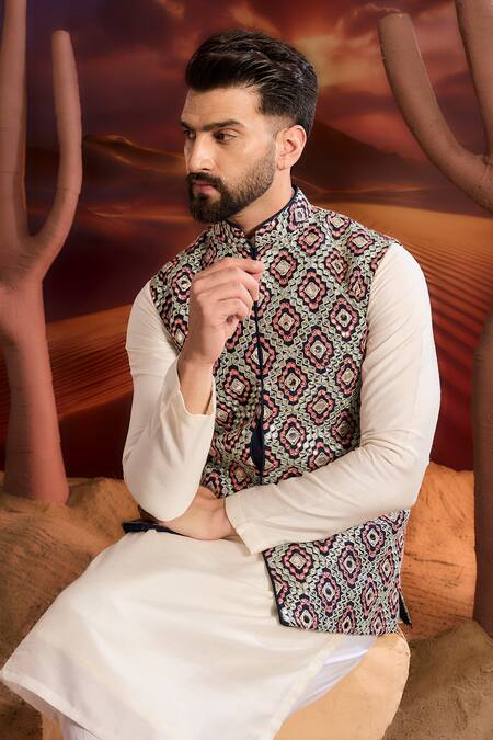 Kasbah_Blue Silk Embroidery Designer Nehru Jacket _Online_at_Aza_Fashions