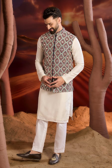 Kasbah Blue Silk Embroidery Designer Nehru Jacket 