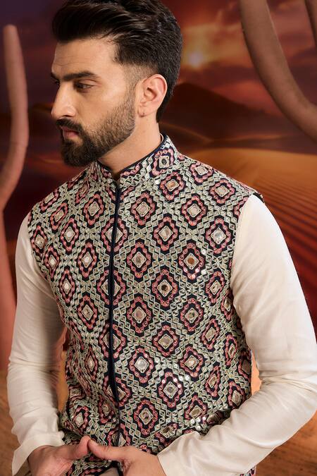 Buy_Kasbah_Blue Silk Embroidery Designer Nehru Jacket _Online_at_Aza_Fashions