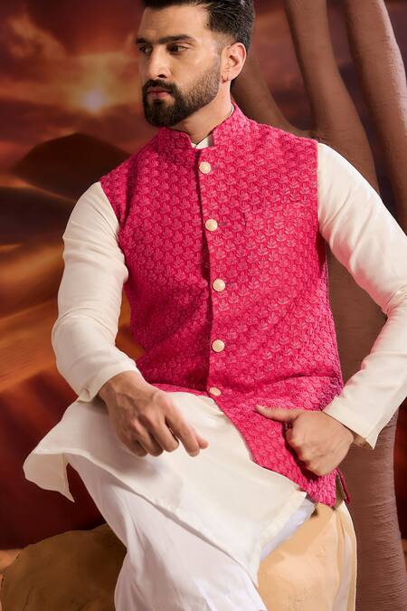 Kasbah_Pink Silk Designer Nehru Jacket _Online_at_Aza_Fashions
